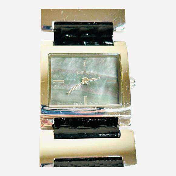 Pallas Watch Made in Germany Silver Tone Bezel Accents Face Black Leather Band - Picture 7 of 8